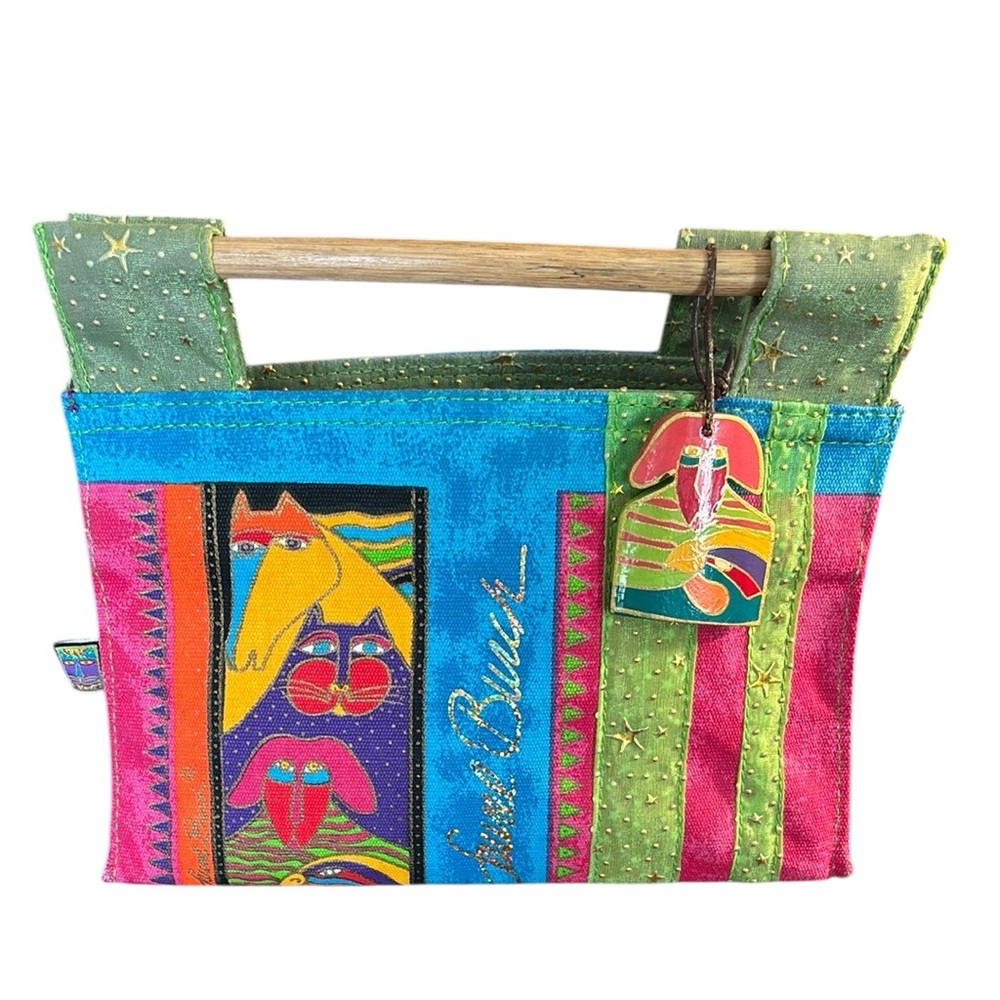 Laurel Burch Signed Wooden Handle Purse with Cat Dogs and a Horse